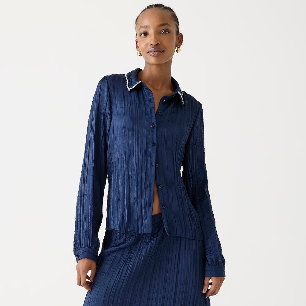J.Crew Crystal-embellished shirt in crinkle satin BZ024 Size Medium